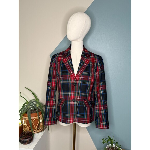 Vintage 90s Tartan Plaid Blazer Petite 6P Red Green Navy Plaid Sag Harbor Jacket - Picture 2 of 12